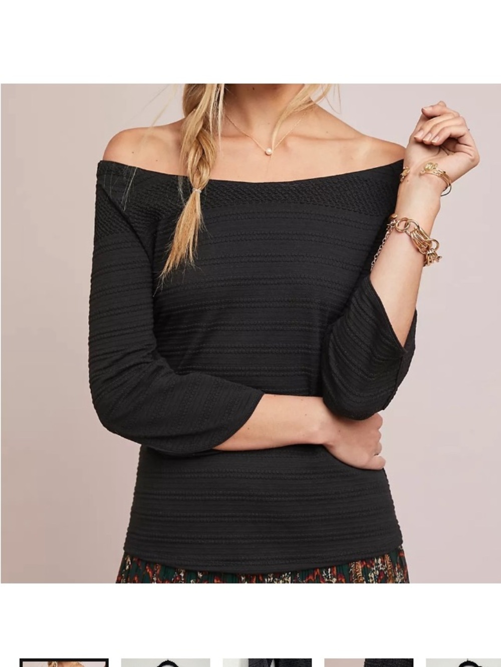 Meadow Rue by Anthropologie Black Off-the-Shoulder Textured Knit Stretchy Top